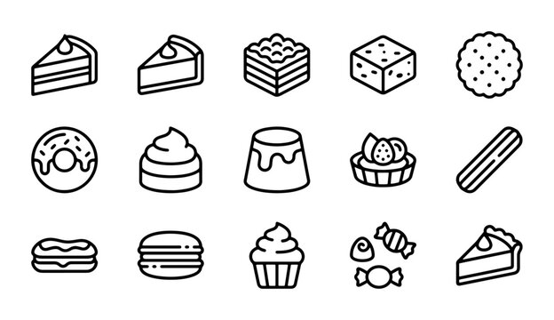 Sweet Treats Vector Icons: Desserts, Pastries, Cookies, Candies, Cakes, Donuts, Macarons