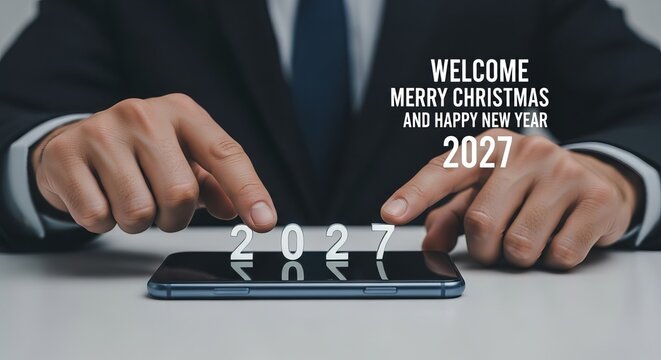 Businessman's hands interact with the year numbers on a smartphone, symbolizing forward-thinking and future business strategy.