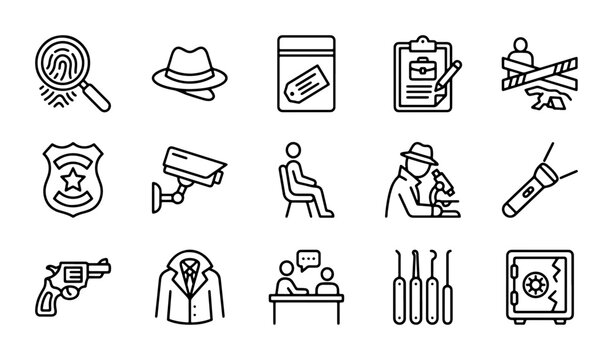 Detective Icons Set, Crime Scene Investigation Symbols, Forensic Evidence & Security Tools Vector Graphics