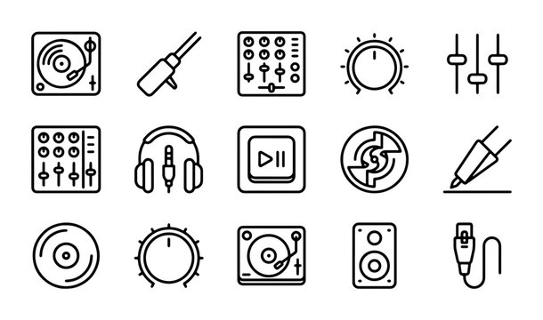 DJ Equipment Icons Set, Music Production Vector Graphics, Audio Mixer & Turntable Symbols