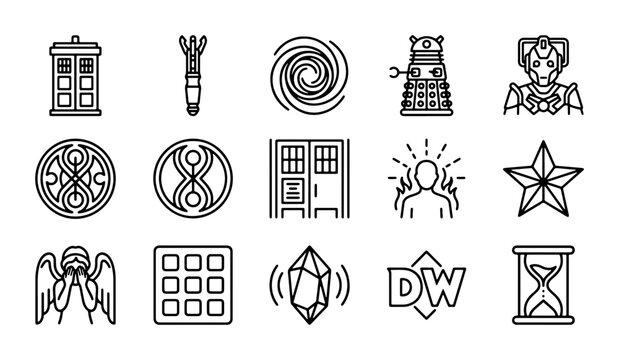 Sci-Fi Icons Collection: TARDIS, Sonic Screwdriver, Dalek, Cyberman, Time Vortex, Star, Angel, Hourglass