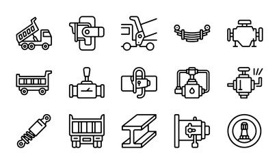 Truck Parts Icons: Dump Truck, Engine, Suspension, Shock Absorber, Steel Beam, Gearbox © Masud