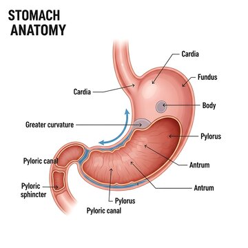 Anatomy of the human stomach with labeled parts.