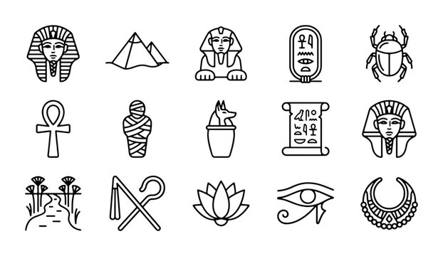 Ancient Egyptian Icons Set: Pharaoh, Pyramid, Sphinx, Hieroglyphs, Scarab, Ankh, Mummy, Anubis, Papyrus, Lotus, Eye of Horus, Nile River, Crook and Flail, Necklace