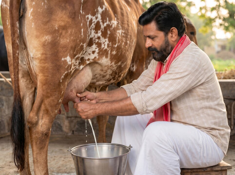 middle aged indian farmer hand milking gir cow in rural dairy farm for milk production livestock farming and traditional agriculture concept