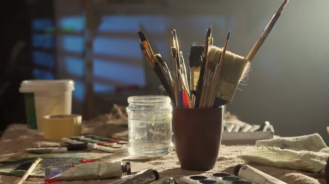 Chaos and mess on artist workspace in authentic art studio. Paintbrushes for drawing and acrylic paints on table in art workshop.