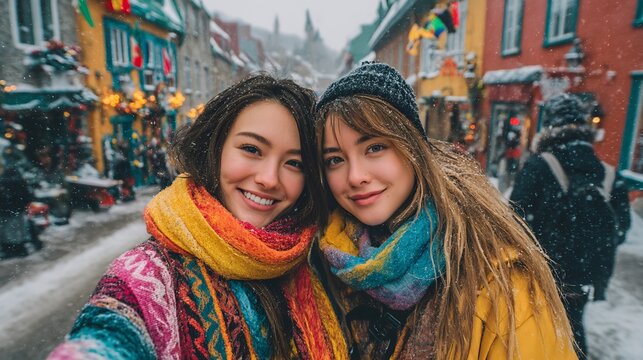 Two girls enjoying the snow while posing in colorful scarves against a beautiful winter landscape