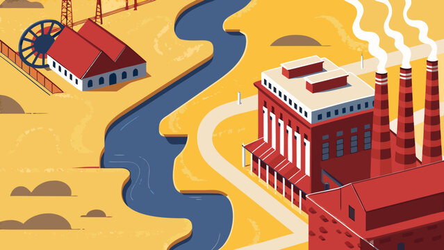 Top-down view of a river bending around a retro industrial complex, dark outlines, muted vintage tones. K