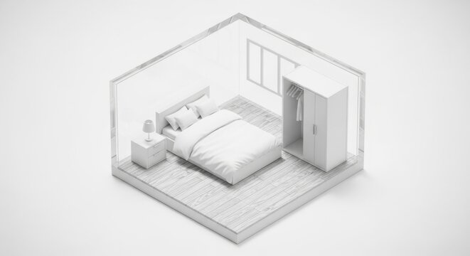 Isometric bedroom interior, transparent walls, 3D illustration, white furniture