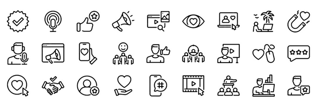 Digital Marketing and Communication Line Icons Set. Social Media, Advertising, Branding, Content Creation, Influence and Online Business Strategy Vector Illustration Collection.