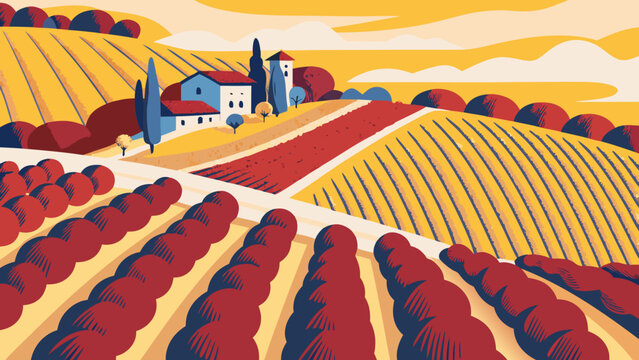 Aerial view of undulating hillside vineyards, clean lines, terracotta and sage green colors, retro litho-texture.