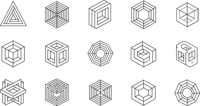 Geometric Impossible Shape Icon Set With Cubes Triangles Hexagons and Optical Illusion Outline Vector Illustration Collection