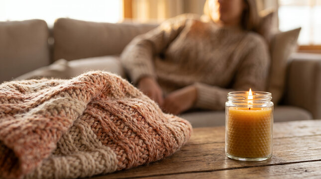 Woman relaxing on sofa with knitted blanket and candle light  