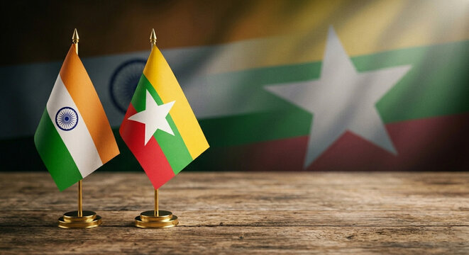Indian And Myanmar Table Flags On Wooden Desk Representing Diplomacy, Bilateral Relations And Cooperation