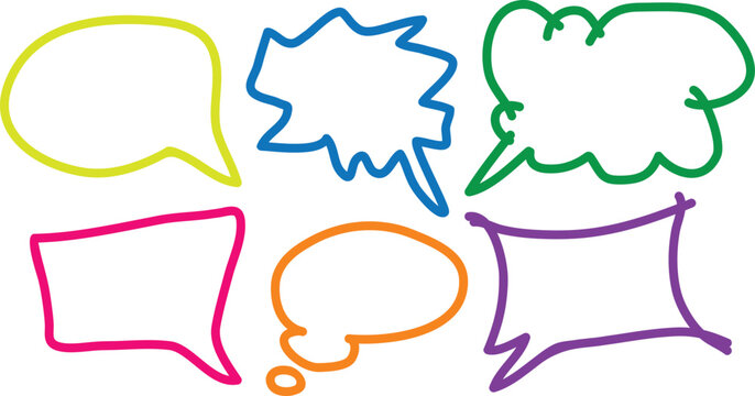 Colorful cartoon speech bubbles in different shapes and sizes isolated on transparent background for communication and dialogue