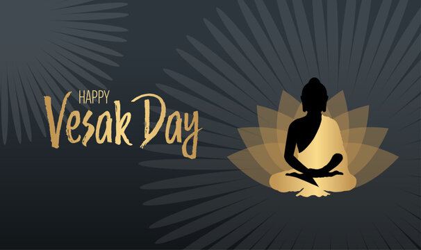 Happy Vesak Day Greeting Banner with Buddha Silhouette on Golden Lotus