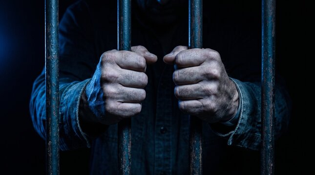 prisoner hands behind prison bars, dramatic blue gel strobist lighting