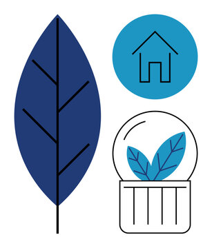 Sustainability, eco-living, environmental care, renewable resources, green lifestyle, ecological balance. A blue leaf next to a home icon and a snow globe. Sustainability and eco-living