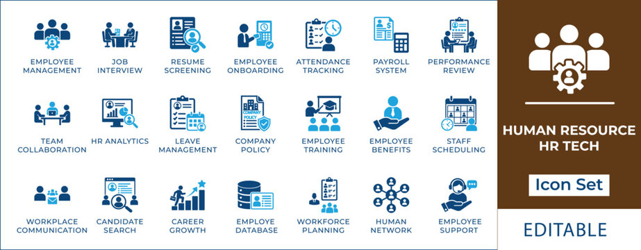 HR tech and human resource icon set featuring talent acquisition, employee attendance tracking, performance analytics, payroll calculation, corporate training, and onboarding.