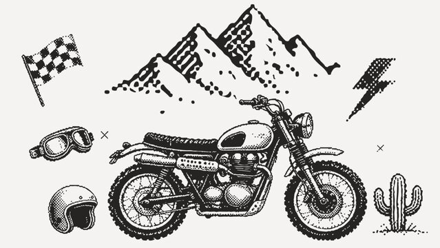motorcycle scramble vector illustration classic design black and white pexels dots design retro poster garage