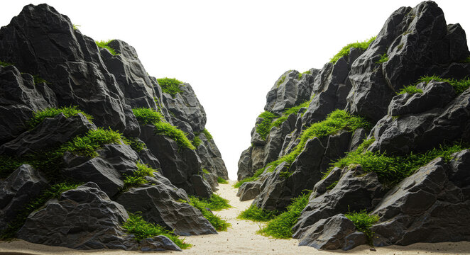 Serene Aquatic Landscape Mossy Rocks Sandy Path Nature Scene