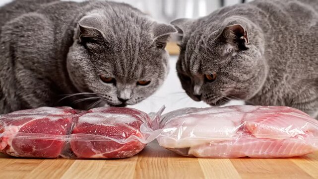 Two Grey British Shorthair Cats Examine Fresh Raw Meat Packaged on a Wooden Surface