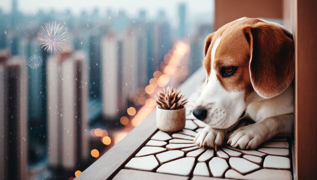 A beagle dog sits on a balcony, gazing at a cityscape with fireworks in the snowy distance