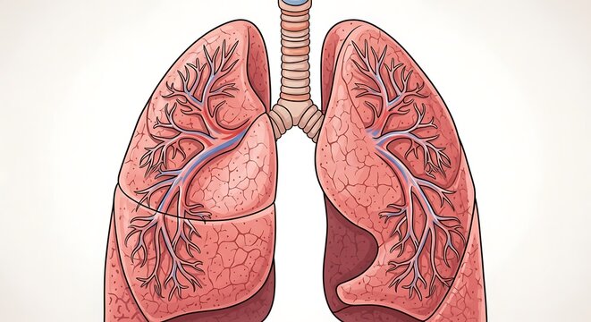 Detailed anatomical illustration of human lungs with bronchial tubes.