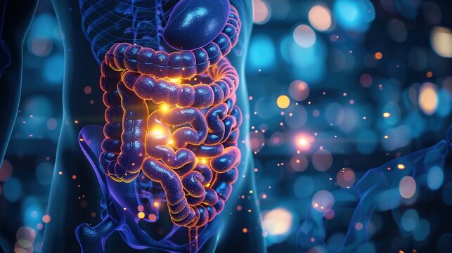 Colorectal cancer medical anatomical illustration showing malignant tumor in colon and rectum, intestinal cancer pathology, human digestive tract disease, abnormal cell growth, gastrointestinal malign
