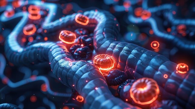 Colorectal cancer medical anatomical illustration showing malignant tumor in colon and rectum, intestinal cancer pathology, human digestive tract disease, abnormal cell growth, gastrointestinal malign