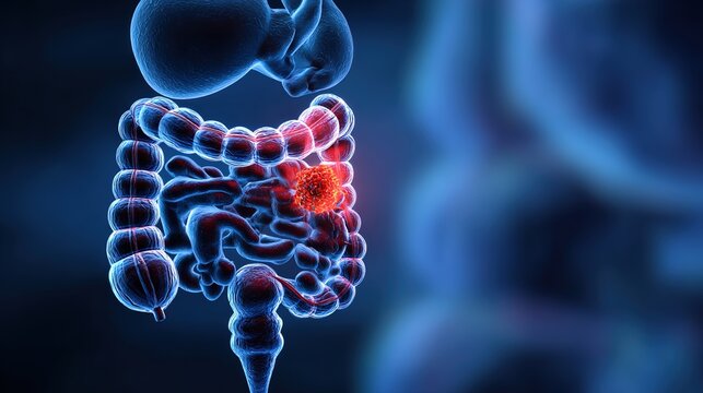 Colorectal cancer medical anatomical illustration showing malignant tumor in colon and rectum, intestinal cancer pathology, human digestive tract disease, abnormal cell growth, gastrointestinal malign