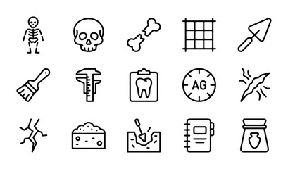 Archaeology Icons Set: Digging, Bones, Tools, Fossils, Research Vector Graphics © Liza