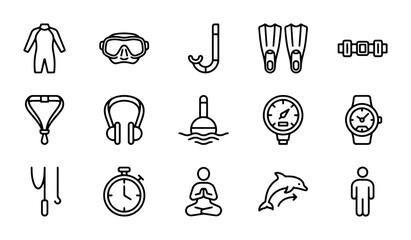Scuba Diving Icons Set: Snorkel Mask, Fins, Wetsuit, Stopwatch, Dolphin, Diver, Buoy, Pressure Gauge, Watch © Liza