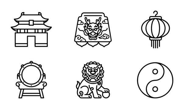 Chinese Cultural Icons Set: Temple, Dragon, Lantern, Drum, Lion, Yin Yang Symbols
