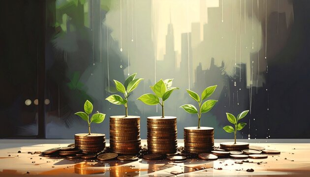 Green plants sprouting from coin stacks, increasing height, blurred cityscape background, sunlight with droplets, symbolic financial growth, investment, sustainability, natural prosperity, economic vi