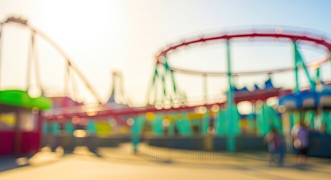 Blurred background of a vibrant amusement park with roller coasters and rides at sunset.