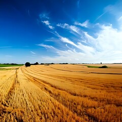 Fototapeta premium Golden wheat field under a vast blue sky