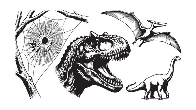 Vintage Engraving Style Prehistoric Animals and Nature Elements Vector Set
