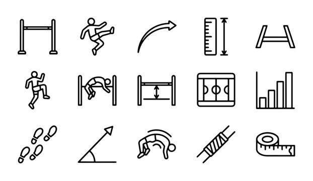 Sports Icons Set: Track and Field, Jumping, Measuring Tools, Vector Graphics