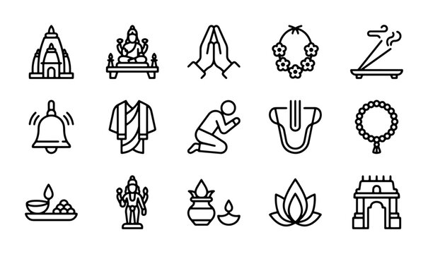 Indian Culture Icons: Hindu Temple, Deity, Prayer, Garland, Incense, Bell, Robe, Worship, Rituals, Offerings