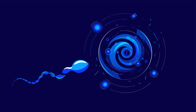 Abstract medical illustration of a sperm cell moving toward a stylized egg on a dark blue background.eps