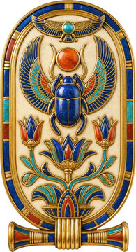 Ancient Egyptian Cartouche with Scarab and Lotus isolated on transparent background