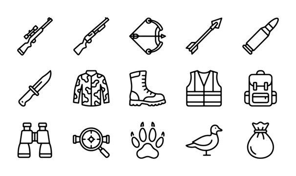 Hunting Icons Set: Rifle, Shotgun, Bow, Arrow, Bullet, Knife, Camo, Boots, Vest, Backpack, Binoculars, Scope, Paw, Duck, Bag