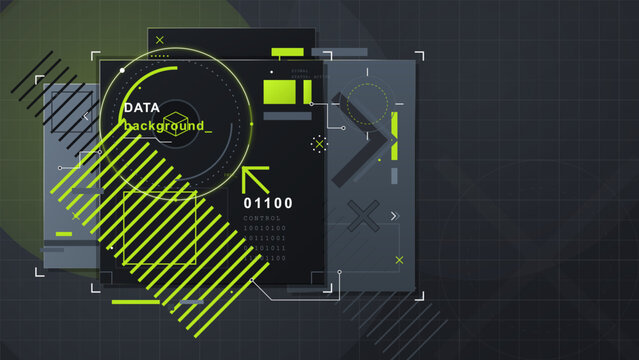 Abstract dark technology data background with lime green HUD rings, layered panels, diagonal striped blocks, binary code and grid layout.