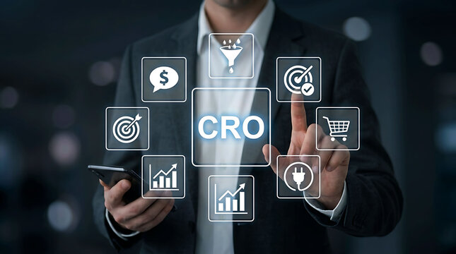 Businessman touching CRO icon for conversion rate optimization and marketing