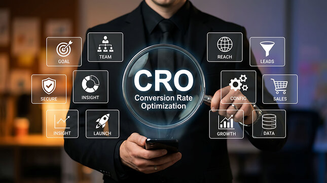 Business professional analyzing CRO Conversion Rate Optimization marketing data
