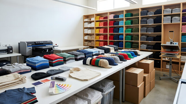 Merchandise production studio with custom apparel inventory