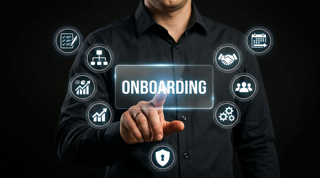 Businessman touching onboarding screen with virtual business icons set