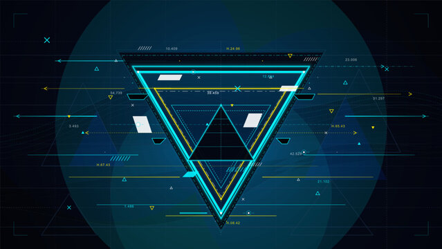 Futuristic inverted triangle HUD interface vector with glowing cyan and yellow outlines, measurement lines and dark geometric grid background