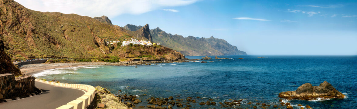 Panorama of Almaciga at Anaga mountains with Atlantic coast, mountains, coastal road and blue sky